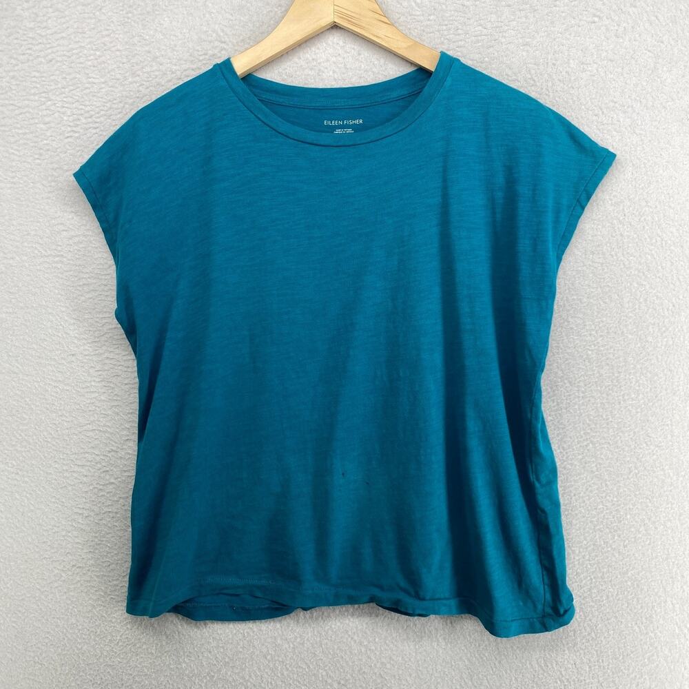 EILEEN FISHER Top XS Organic Cotton Slub Jersey Crewneck Short Sleeve Blue